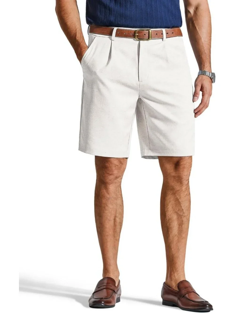 Stylish Men's Casual Pleated Linen Dress Shorts - 9